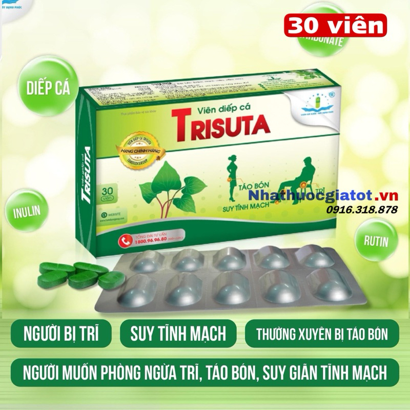 Viên Diếp Cá Trisuta - Hỗ Trợ Giảm Táo Bón, Trĩ, Suy Tĩnh Mạch Chân, Dùng Được Cho Phụ Nữ Có Thai - Hộp 30 viên