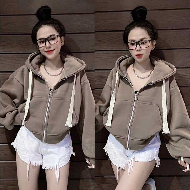 Áo Khoác hoodie croptop dáng lửng nỉ dáng rộng tay bồng