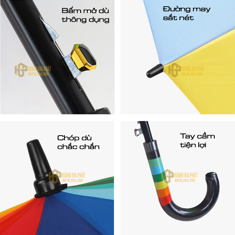 Ô dù che mưa bảy màu 8 nan chắc chắn D140cm HOANGGIAPHAT khung kim loại, che mưa, che nắng, dùng làm trang trí