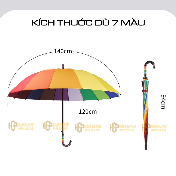 Ô dù che mưa bảy màu 8 nan chắc chắn D140cm HOANGGIAPHAT khung kim loại, che mưa, che nắng, dùng làm trang trí