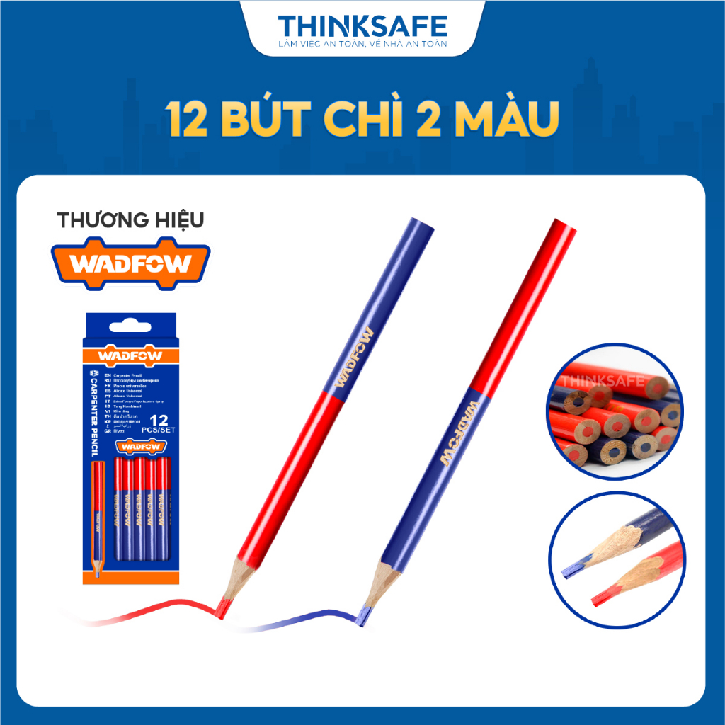 Bộ 12 bút chì thợ mộc 2 màu Wadfow WMQ2512 hình bầy dục vỏ gỗ dài 176mm màu chì đỏ hoặc xanh dụng cụ Wadfow chính hãng