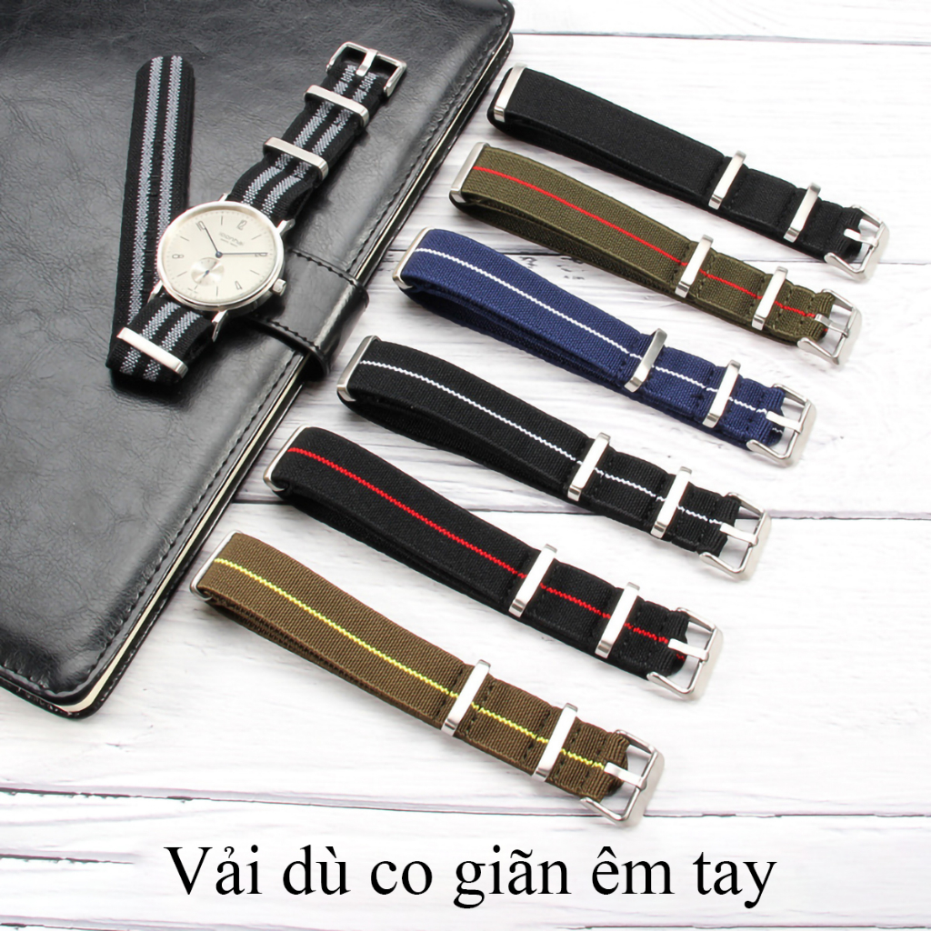 Dây đồng hồ vải dù size 18mm 20mm 22mm, dây đeo đồng hồ nato nam nữ, quai đeo dw vải dù co giãn.