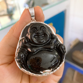 Mặt phật di lặc đá đen bọc bạc ta cho nam