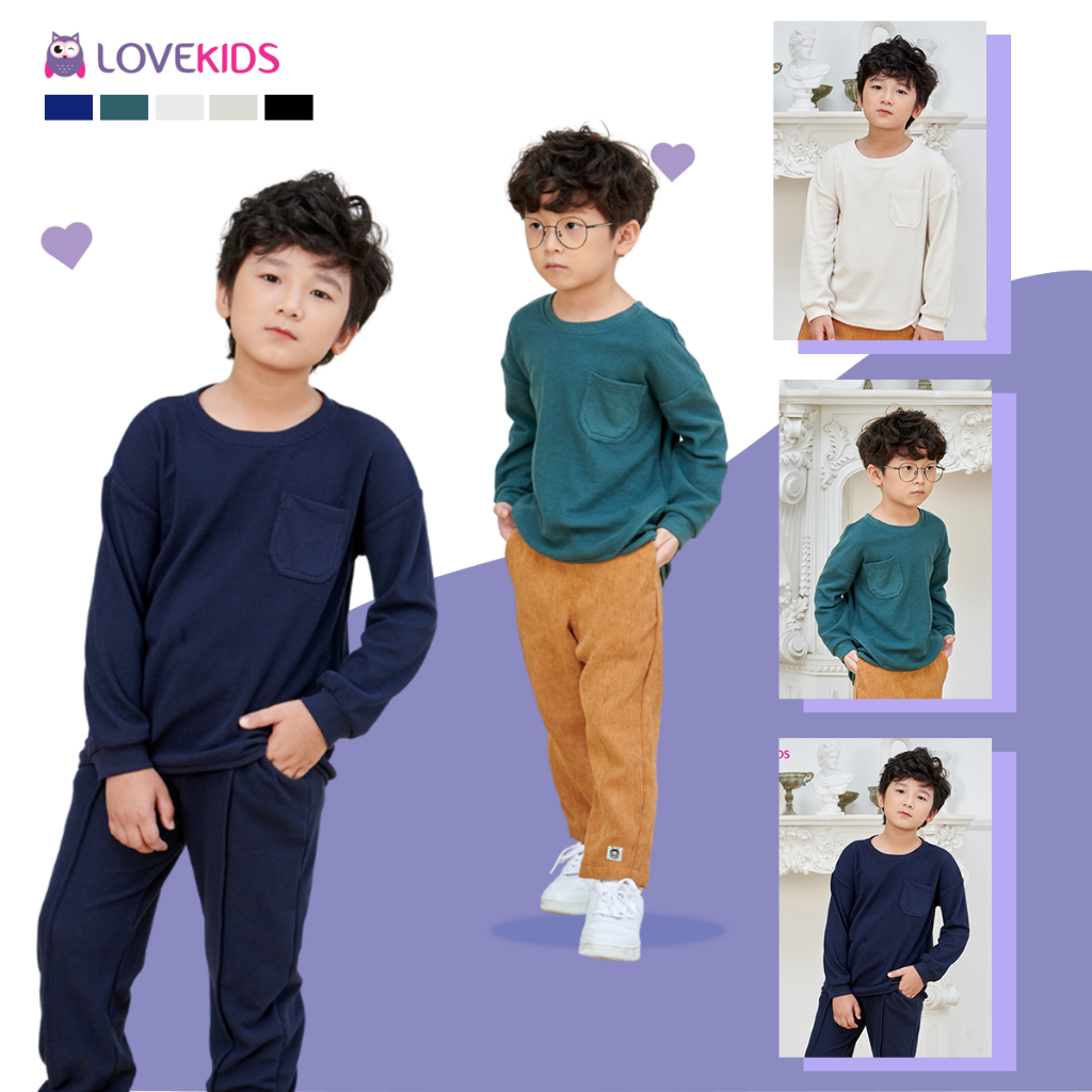 Áo Thun Bé Trai Lovekids, áo dài tay bé trai phối túi tròn, chất cotton mềm mại, size từ 4 đến 15 tuổi