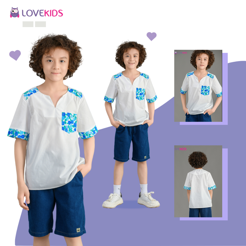 Áo thun bé trai Lovekids, áo bé trai tay ngắn, phối họa tiết túi, vải cotton mềm mịn, thoáng mát, size từ 4 đến 10 tuổ