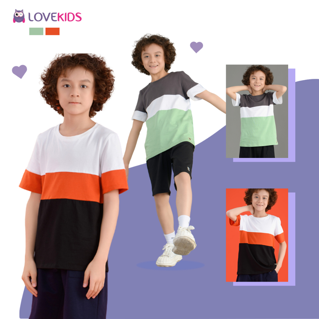 Áo thun Lovekids bé trai, phối màu năng động, vải cotton mềm mịn, thoáng mát, đi học đi chơi, size từ 7 đến 15 tuổi