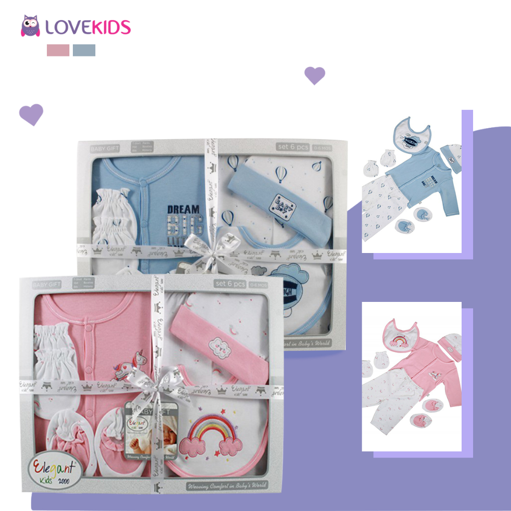 Set quà tặng sơ sinh cao cấp Lovekids 6 chi tiết, 100% cotton mềm mịn, an toàn cho làn da của bé, size từ 0 đến 6 tháng