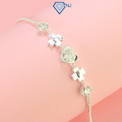 Lắc tay Moissanite bạc nữ đính đá 6.0ly mặt trái tim cỏ 4 lá khắc tên kèm thẻ tra cứu sang trọng LTNM0003 - Trang Sức TN