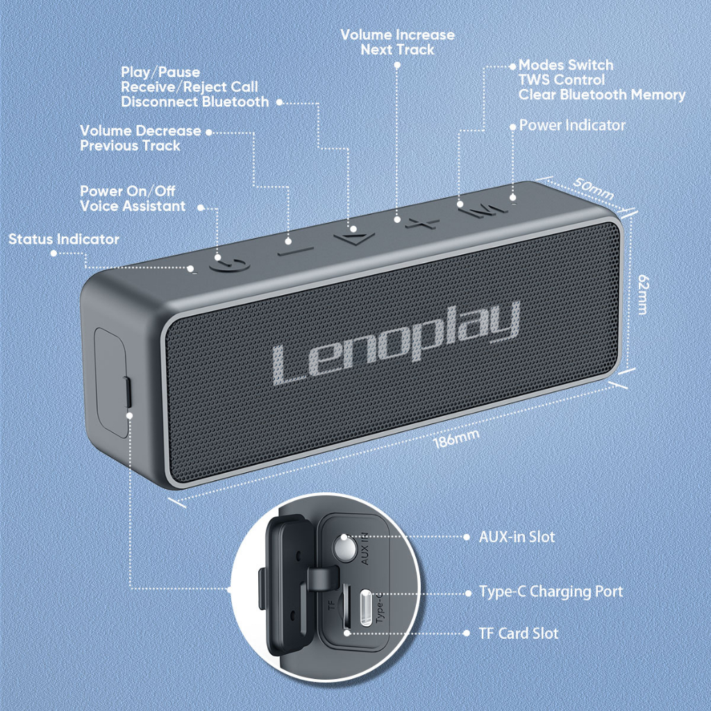 Loa LenoPlay R5| Loa nghe nhạc Bluetooth Công suất 20W, Pin 3600mAh, Kháng nước IPX7 - Chính hãng, Bảo hành 12th - OBIBI