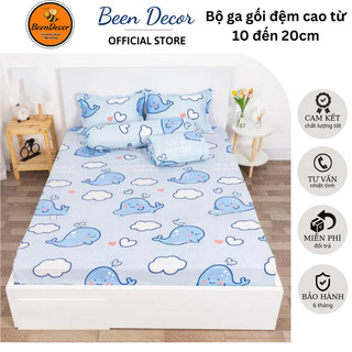 Bộ Ga Gối Cotton Poly - Drap trải giường Bo Chun và 2 Vỏ Gối Nằm Mẫu Cá Heo Mây