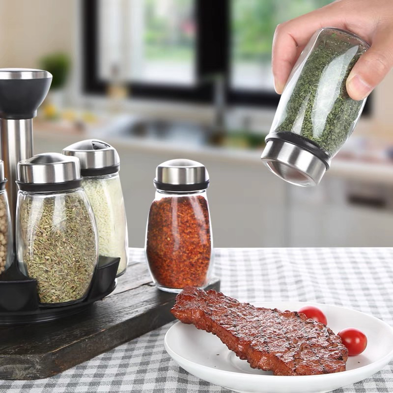 Bộ 6 hũ đựng gia vị thuỷ tinh kèm giá xoay 360 độ tiện lợi decor nhà bếp - Set 6 lọ gia vị kèm kệ xoay