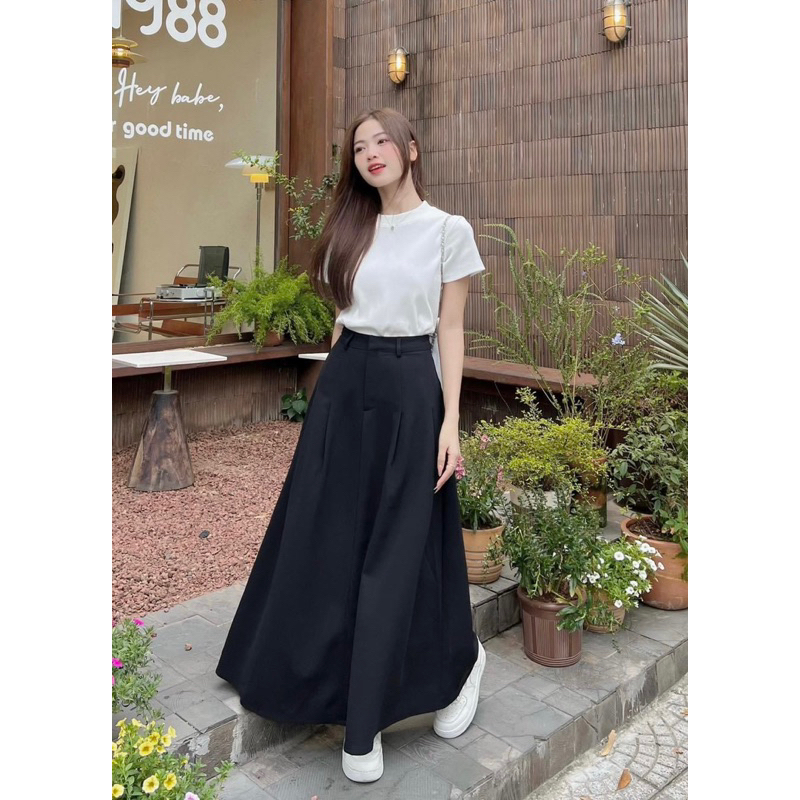 Chân váy xếp ly hạ eo dáng dài xoè Bànana, đứng form, váy dài dáng xoè chữ a chất vải dày dặn hack dáng vintage