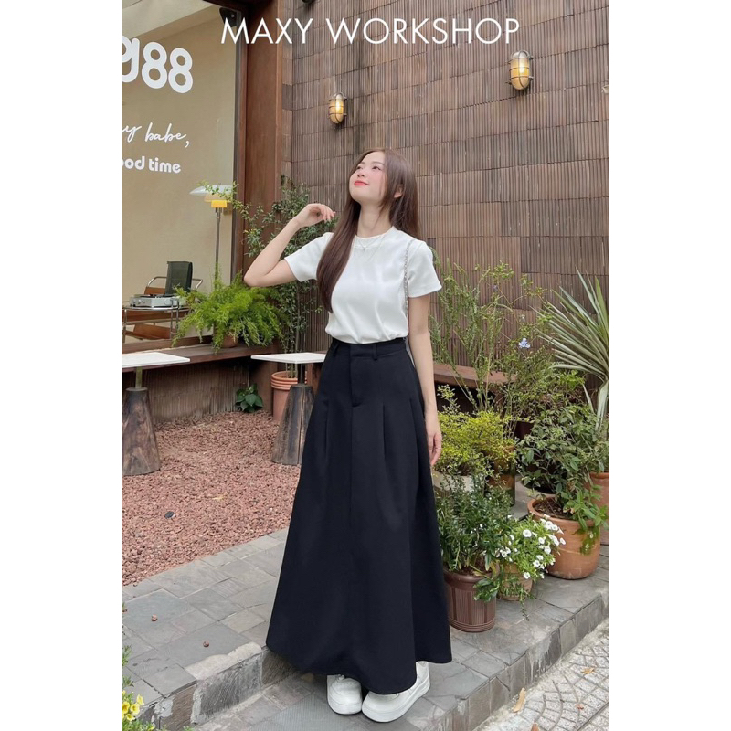 Chân váy xếp ly hạ eo dáng dài xoè Bànana, đứng form, váy dài dáng xoè chữ a chất vải dày dặn hack dáng vintage