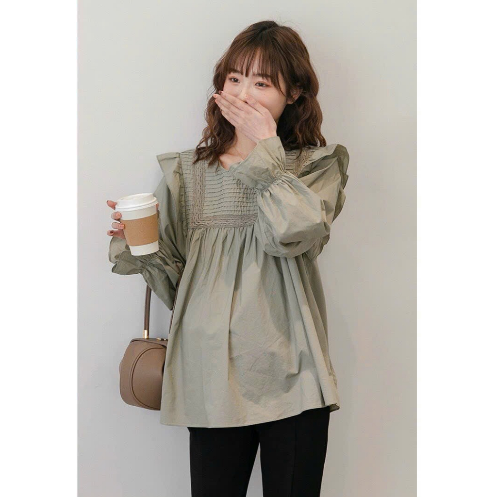 Áo bầu xinh, áo sơ mi bầu công sở bèo vai xếp li đẹp mềm thanh lịch tay dài , from Babydoll trẻ trung