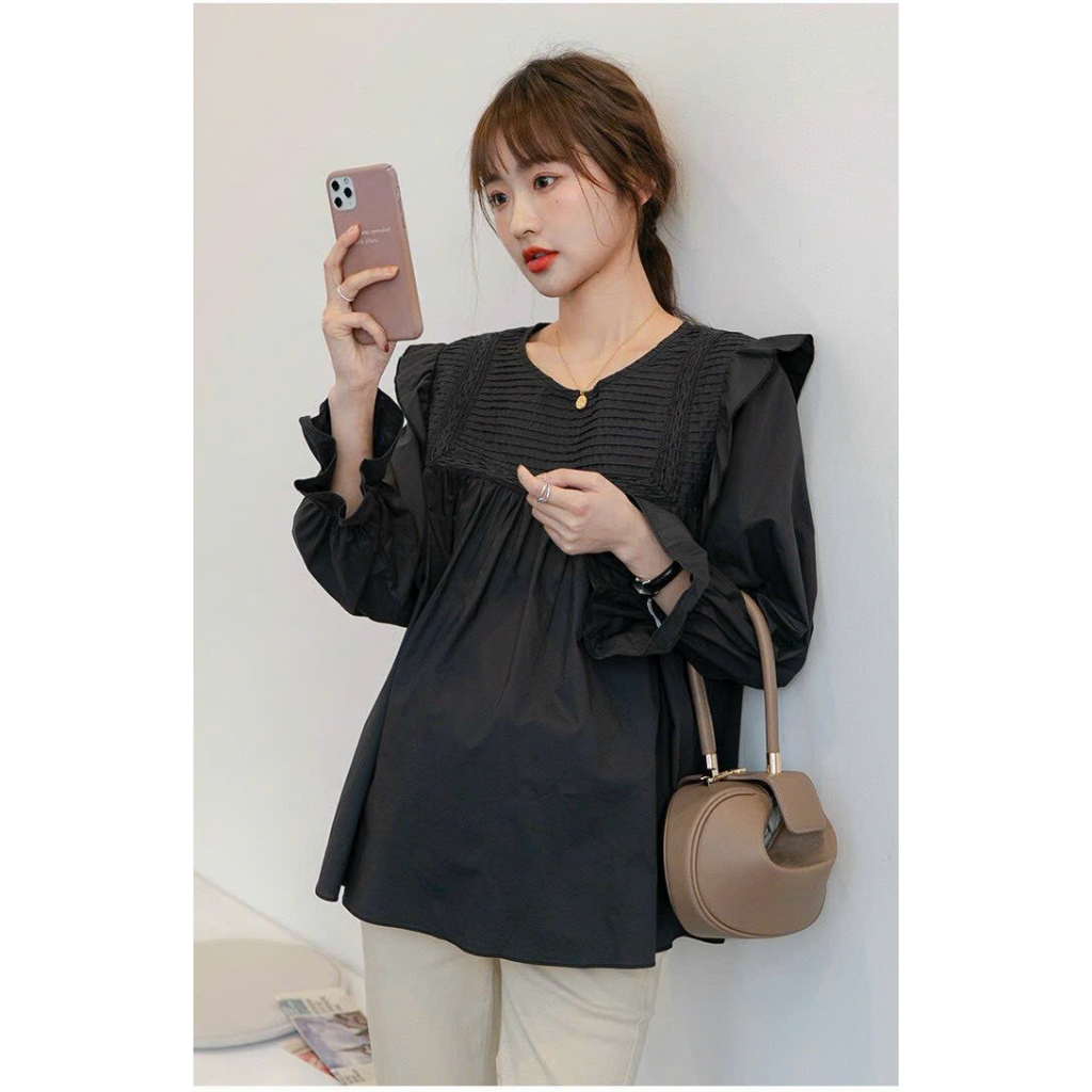 Áo bầu xinh, áo sơ mi bầu công sở bèo vai xếp li đẹp mềm thanh lịch tay dài , from Babydoll trẻ trung
