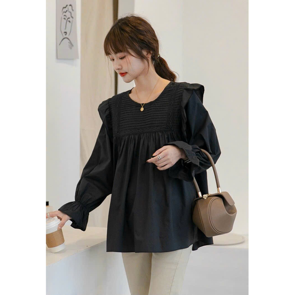 Áo bầu xinh, áo sơ mi bầu công sở bèo vai xếp li đẹp mềm thanh lịch tay dài , from Babydoll trẻ trung
