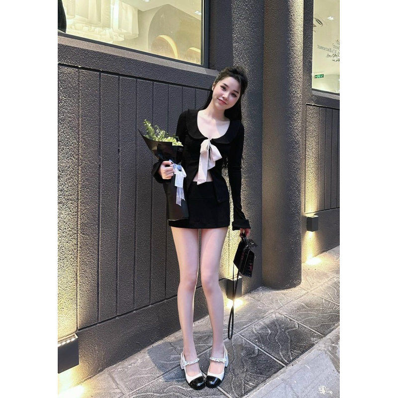 Set áo tay dài nơ ngực phối chân váy