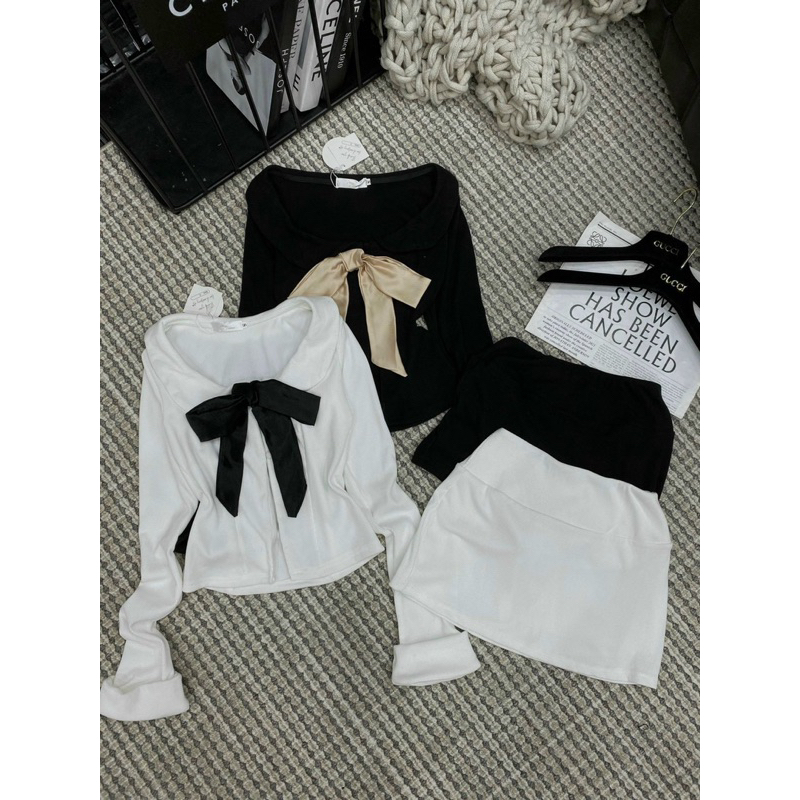Set áo tay dài nơ ngực phối chân váy