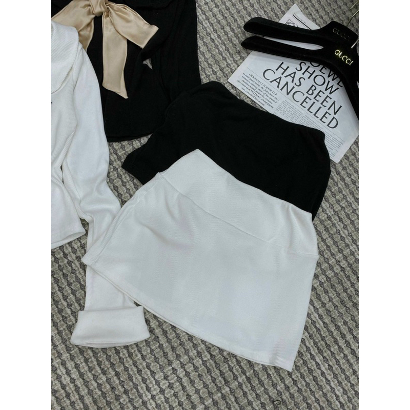 Set áo tay dài nơ ngực phối chân váy