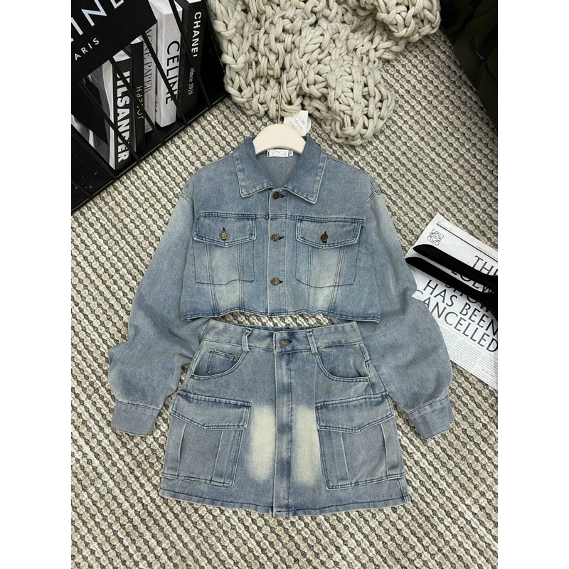 Set áo khoác jeans tay dài phối chân váy