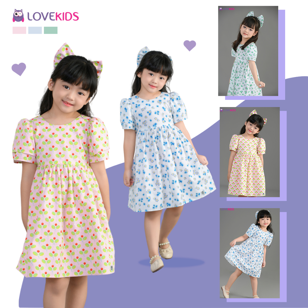 Đầm hoa nhí Lovekids bé gái, tay cánh tiên, vải cotton thoáng mát, size từ 2 đến 6 tuổi