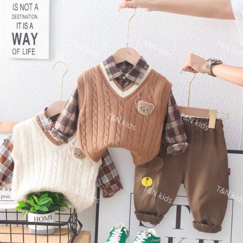 set sơ mi phối áo gile len và quần dài bé trai 1-10 tuổi thanh lịch