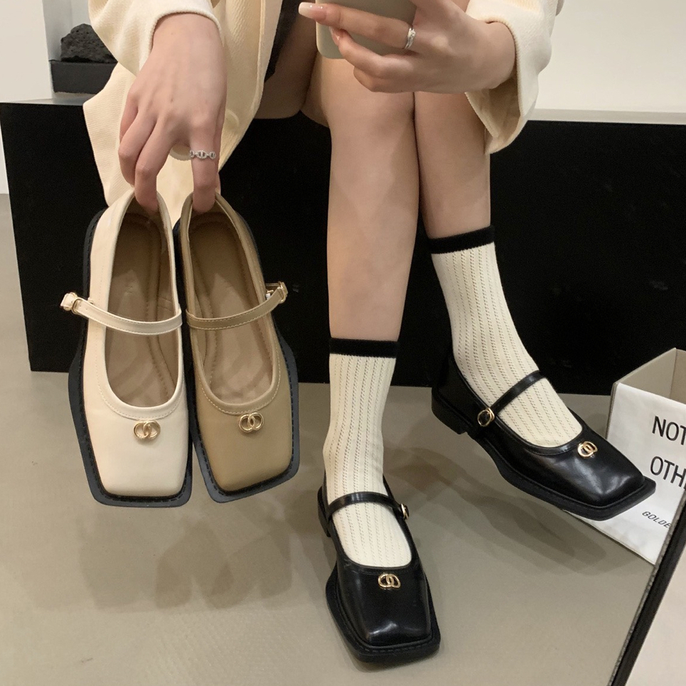Giày búp bê da mềm tiểu thư mũi vuông retro kiểu Pháp 2023