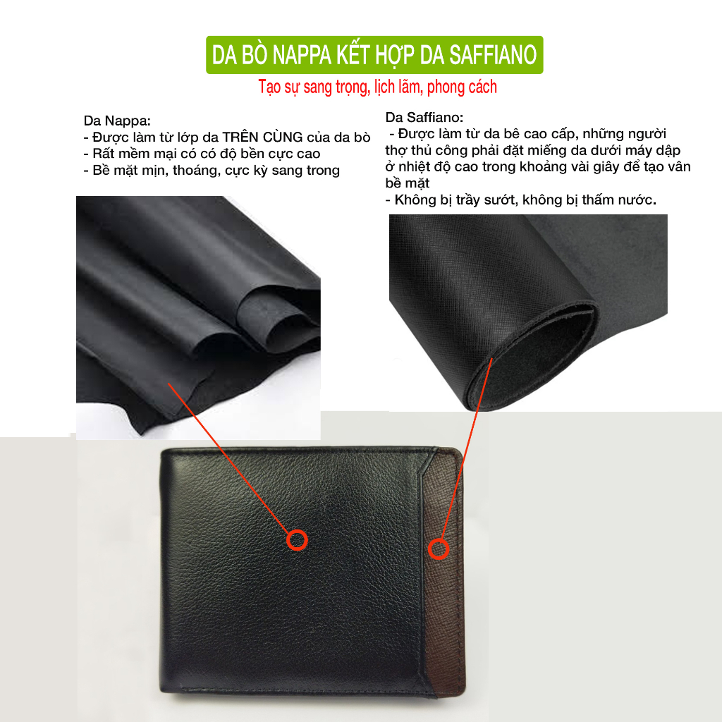 Ví nam da bò Nappa hạt phối màu đen-nâu-phối da Saffiano cao cấp PQ Leather PV16 - Bảo hành 12 tháng