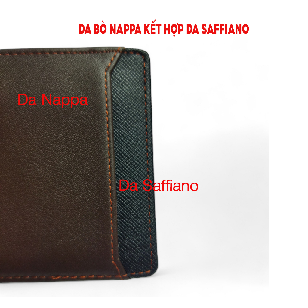 Ví nam da bò Nappa hạt phối màu đen-nâu-phối da Saffiano cao cấp PQ Leather PV16 - Bảo hành 12 tháng