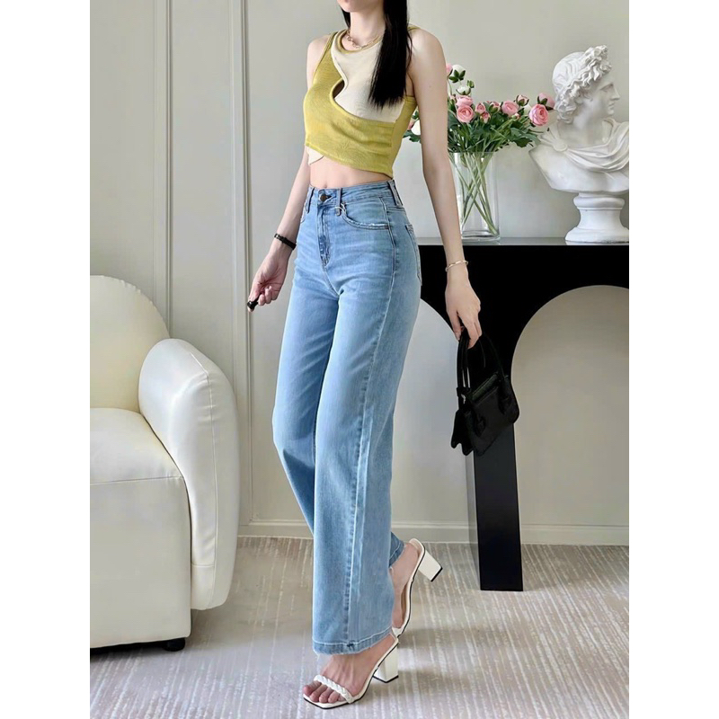 Quần Jean nữ ống suông xước túi và lai, dài quần 98-101cm. Jean dày mềm mịn và co giãn mạnh