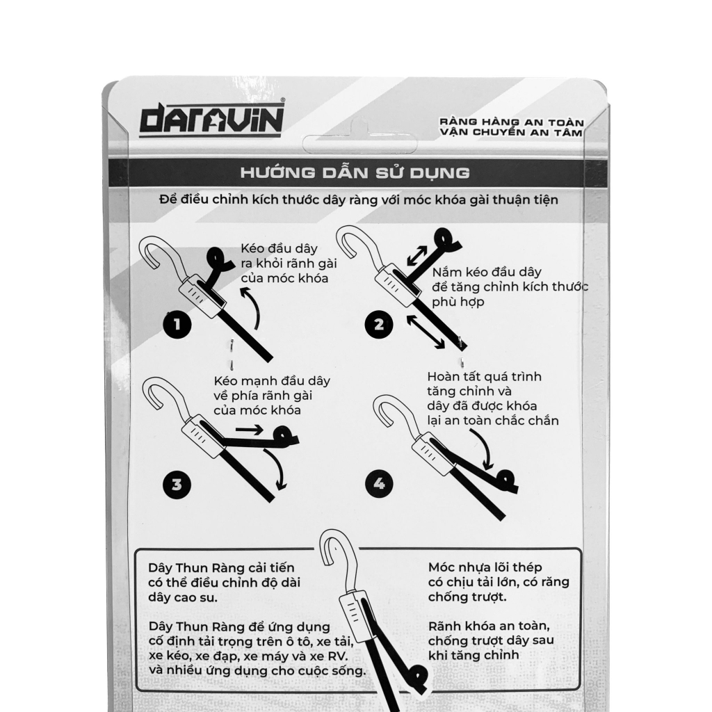 Dây Thun Ràng Tăng Chỉnh DARAVIN 2M Móc Nhựa Lõi Thép Phiên Bản Mới Chịu Tải Lớn - Motowolf Việt Nam Chính Hãng