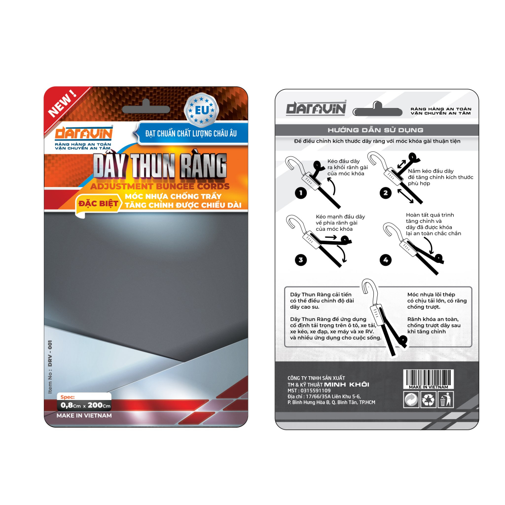 Dây Thun Ràng Tăng Chỉnh DARAVIN 2M Móc Nhựa Lõi Thép Phiên Bản Mới Chịu Tải Lớn - Motowolf Việt Nam Chính Hãng
