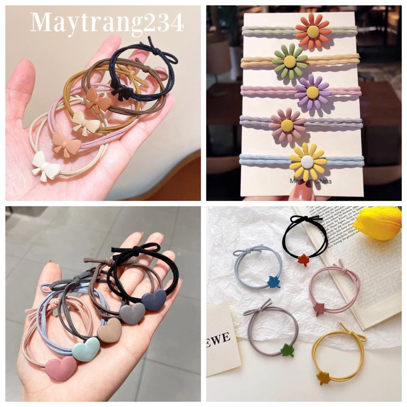 Dây buộc tóc hình trái tim , lá , nơ ( 10 sợi )