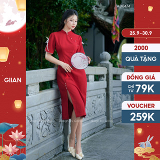 Áo dài cách tân xẻ tà tay lỡ gắn dây nơ dáng basic thiết kế đính ngọc ở cổ chính hãng Giian - AD0474