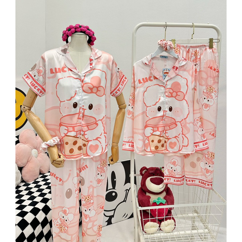 Bộ Lụa Pijama Hình Thỏ Trà Sữa Dễ Thương Size 40-58kg