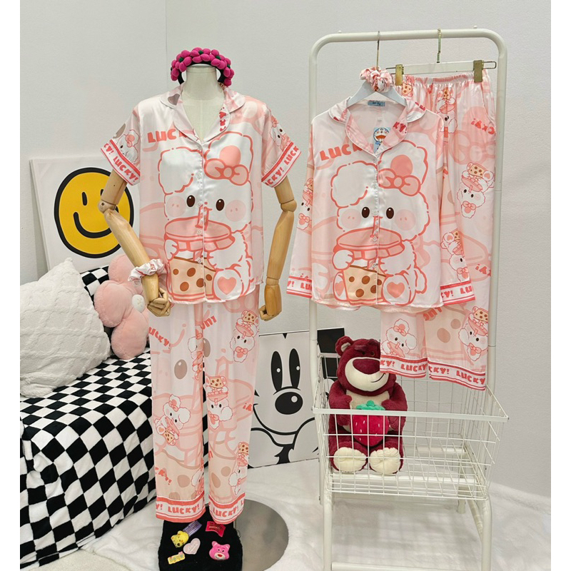 Bộ Lụa Pijama Hình Thỏ Trà Sữa Dễ Thương Size 40-58kg