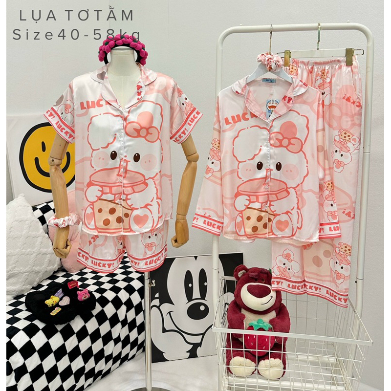 Bộ Lụa Pijama Hình Thỏ Trà Sữa Dễ Thương Size 40-58kg