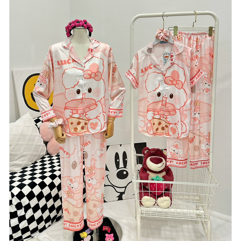 Bộ Lụa Pijama Hình Thỏ Trà Sữa Dễ Thương Size 40-58kg