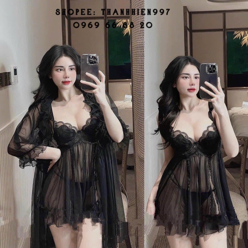 ❤️Hàng QC❤️Sét váy ngủ 2s voan ngắn sexy mỏng manh_áo choàng_voan cao cấp mềm mịn mát quyến rũ A11068.