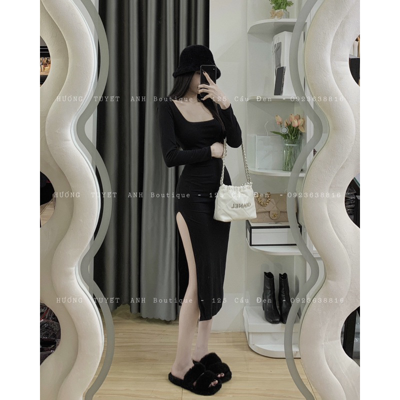 Đầm cổ U tay dài xẻ đùi