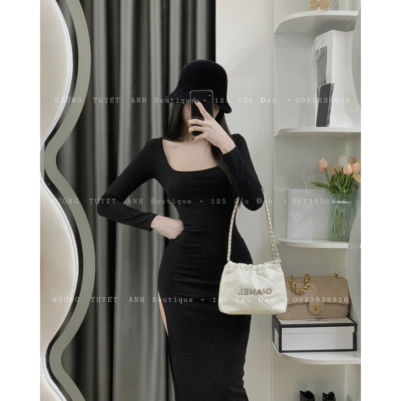 Đầm cổ U tay dài xẻ đùi