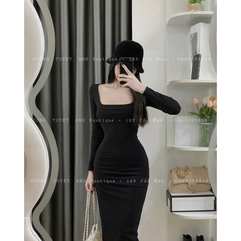 Đầm cổ U tay dài xẻ đùi