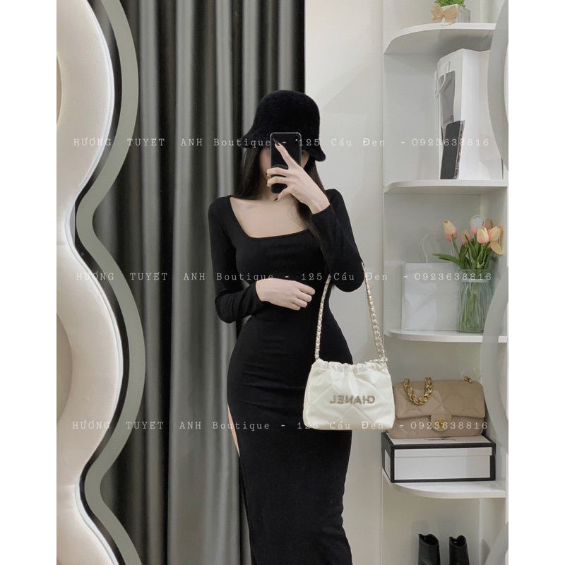 Đầm cổ U tay dài xẻ đùi