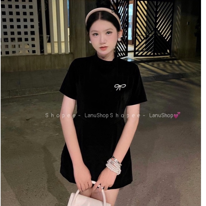 Váy nhung tay cộc kèm cài nơ, Đầm nữ dáng A đơn giản sang chảnh quý phái LanuShop