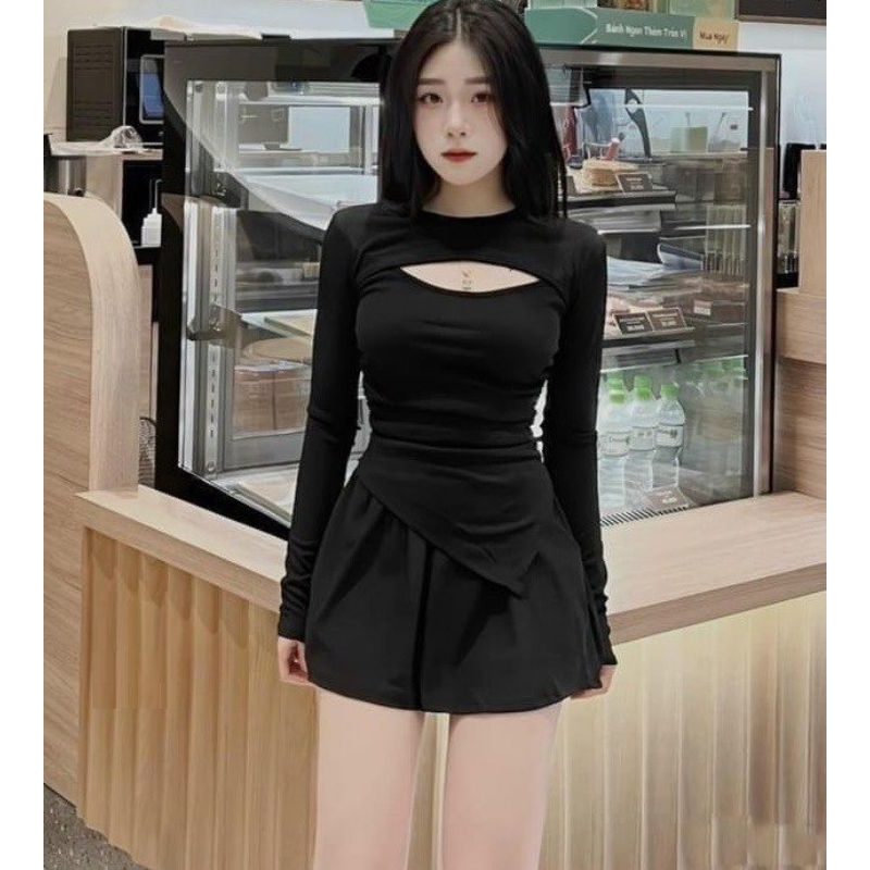 Set Áo Vạt Chéo Tay Dài Cổ Tròn Khoét Hở Ngực Và Chân Váy Xòe - Ngắn Ôm Body Sexy - Tiểu Thư Bánh Bèo Cute Sang Chảnh