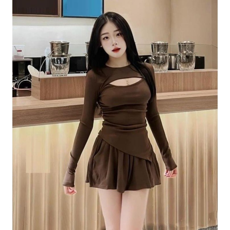 Set Áo Vạt Chéo Tay Dài Cổ Tròn Khoét Hở Ngực Và Chân Váy Xòe - Ngắn Ôm Body Sexy - Tiểu Thư Bánh Bèo Cute Sang Chảnh