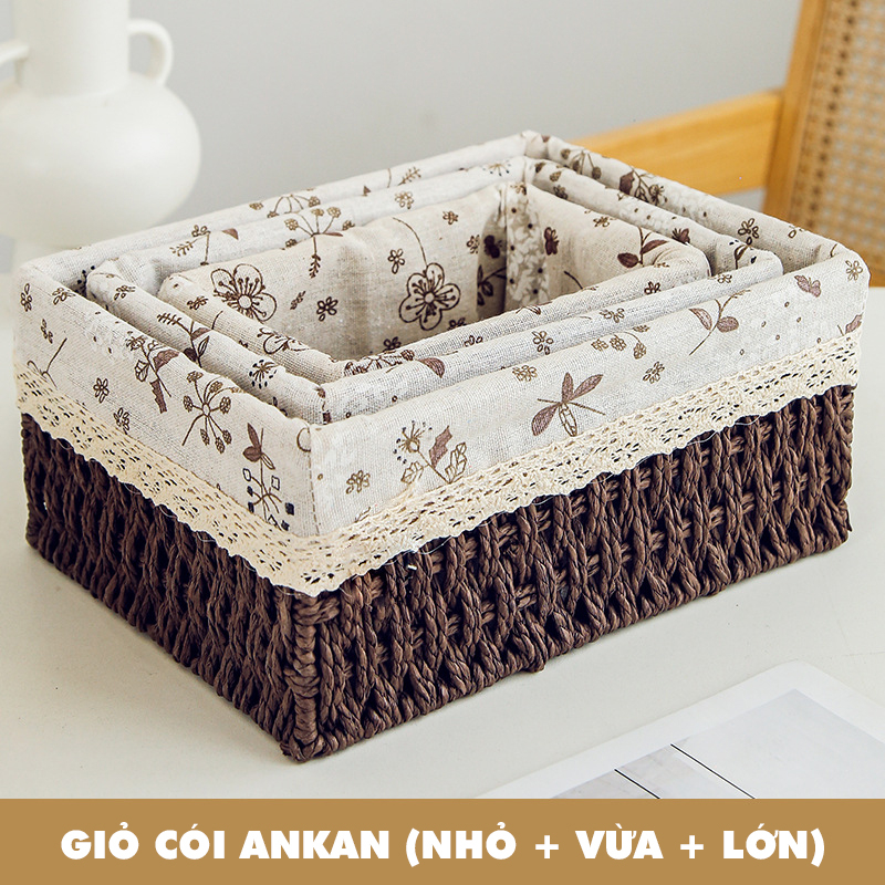 Giỏ cói lót vải hoa nhí đựng đồ mỹ phẩm, phụ kiện, đi picnic, giỏ mây decor trang trí nhà cửa phong cách vintage