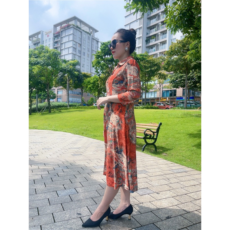 CÓ SẴN, 48-80KG Đầm trung niên tặng mẹ tay dài co giãn siêu thoải mái, váy trung niên dự tiệc, váy trung niên cổ polo