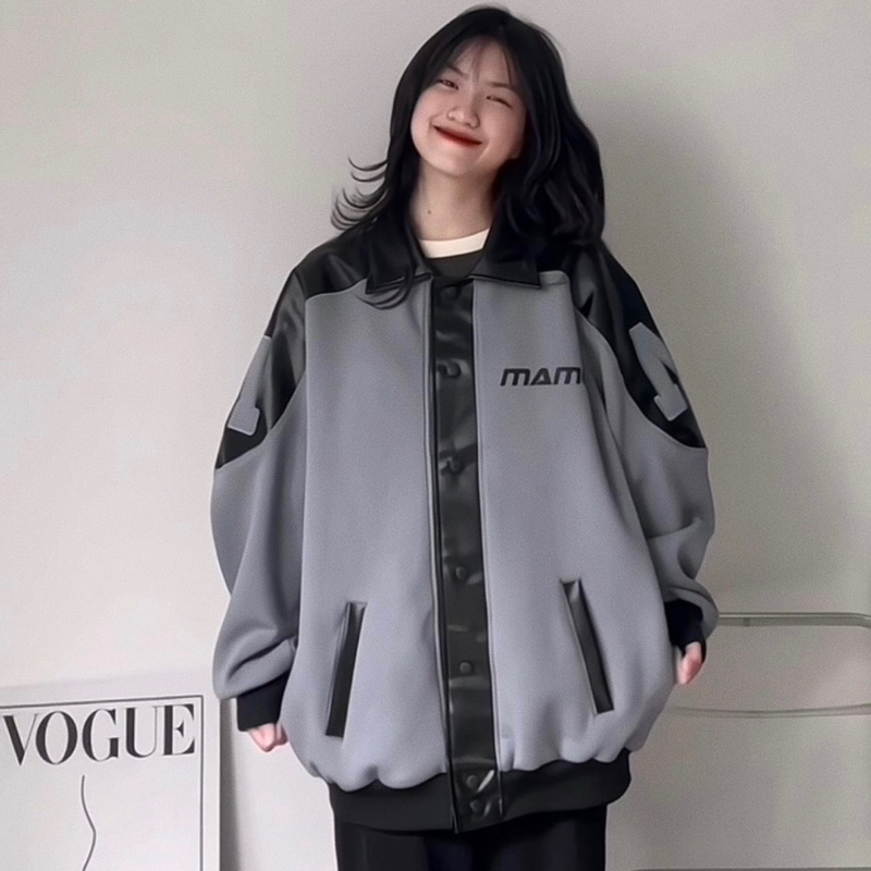 Áo Jacket MM PHỐI TAY DA màu XÁM/KEM 🖤 Nam Nữ Unisex 🖤 Áo khoác form rộng Jaystoree 🖤