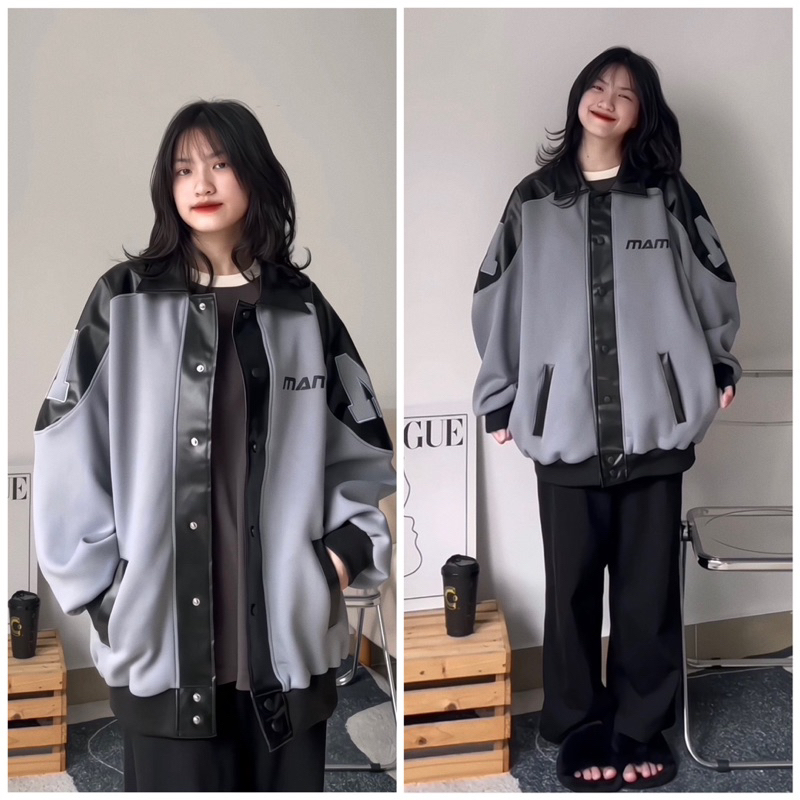 Áo Jacket MM PHỐI TAY DA màu XÁM/KEM 🖤 Nam Nữ Unisex 🖤 Áo khoác form rộng Jaystoree 🖤